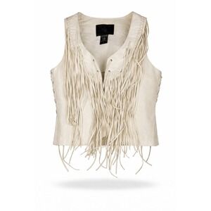 True Religion Fringe Leather Vest Womens Small Cream Boho Western Y2K